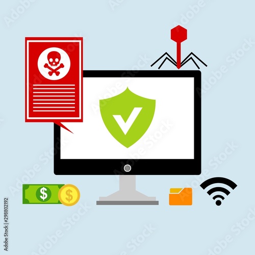 computer virus design with virus alert message, trojan ,virus , antivirus and firewall protection., vector illustration