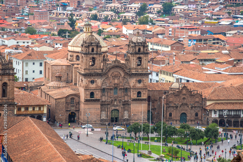View from the mountain of the Company of Jesus Church and Plaza Mayor in Cusco (Peru)