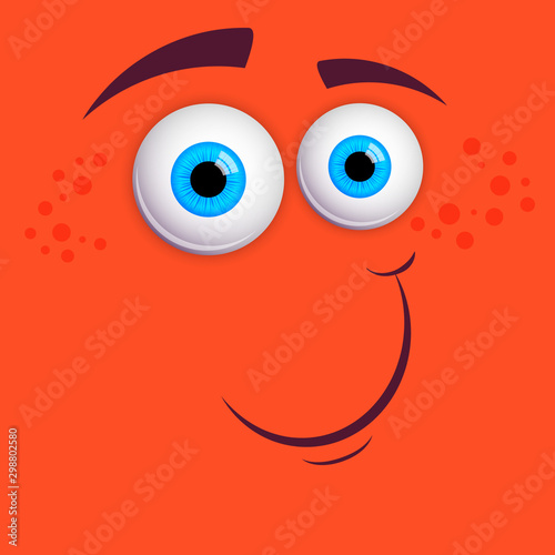 Colorful Smiling Cartoon Face Funny Blue  Eyes with Smiley expression. Cute monster. Vector Isolated illustration on Orange background. 