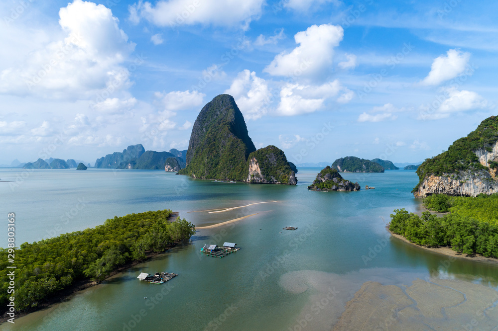 Aerial view of Beautiful scenery in Phang Nga bay with mangrove tree forest and hills in the Andaman sea Phang Nga Thailand