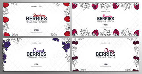 Sert of Berries banners with raspberries, strawberries, currants and cherries. Food design template with berry.