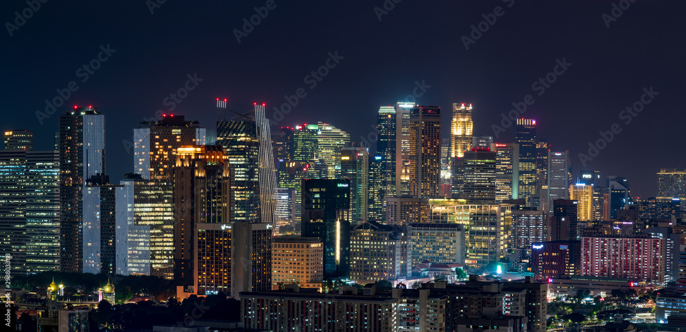 Wide panorama image of Singapore Cityscape at night - obrazy, fototapety, plakaty 