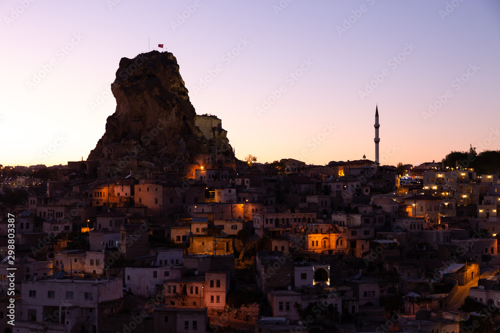 the village of Ortahisar in Cappadocia at night