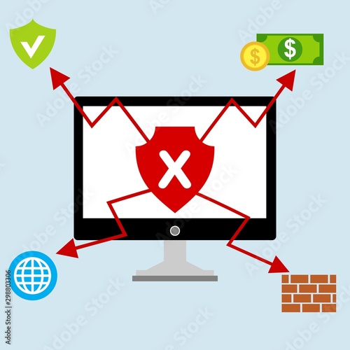 Ransomware malware wannacry risk symbol hacker cyber attack concept computer virus infection infographic. Vector online hacker risk illustration