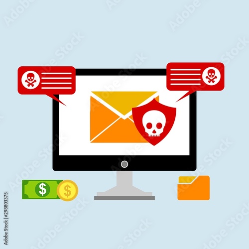 Ransomware malware wannacry risk symbol hacker cyber attack concept computer virus infection infographic. Vector online hacker risk illustration