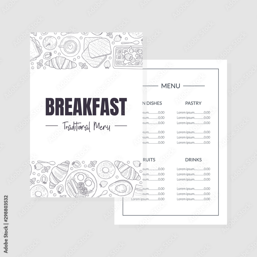 Breakfast Traditional Menu Template, Morning Food Dishes Placemat Brochure Vintage Hand Drawn Vector Illustration Breakfast Traditional Menu Template, Morning Food Dishes Placemat Brochure Vintage Hand Drawn Vector Illustration