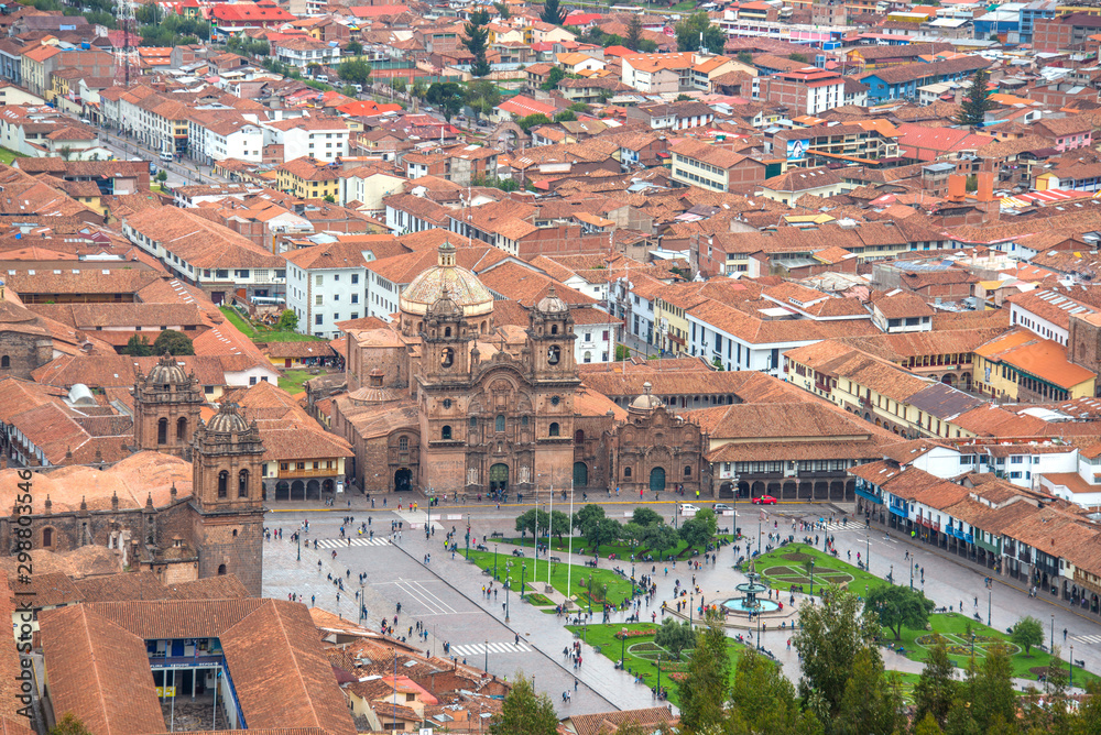 View from the mountain of the Company of Jesus Church and Plaza Mayor in Cusco (Peru)