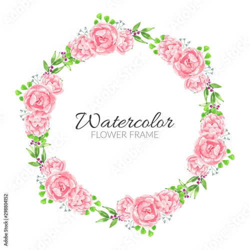 Watercolor pink peony flower circle frame