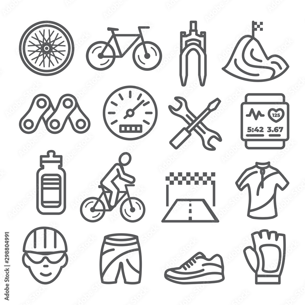 Biking line icons set on white background Biking line icons set on white background