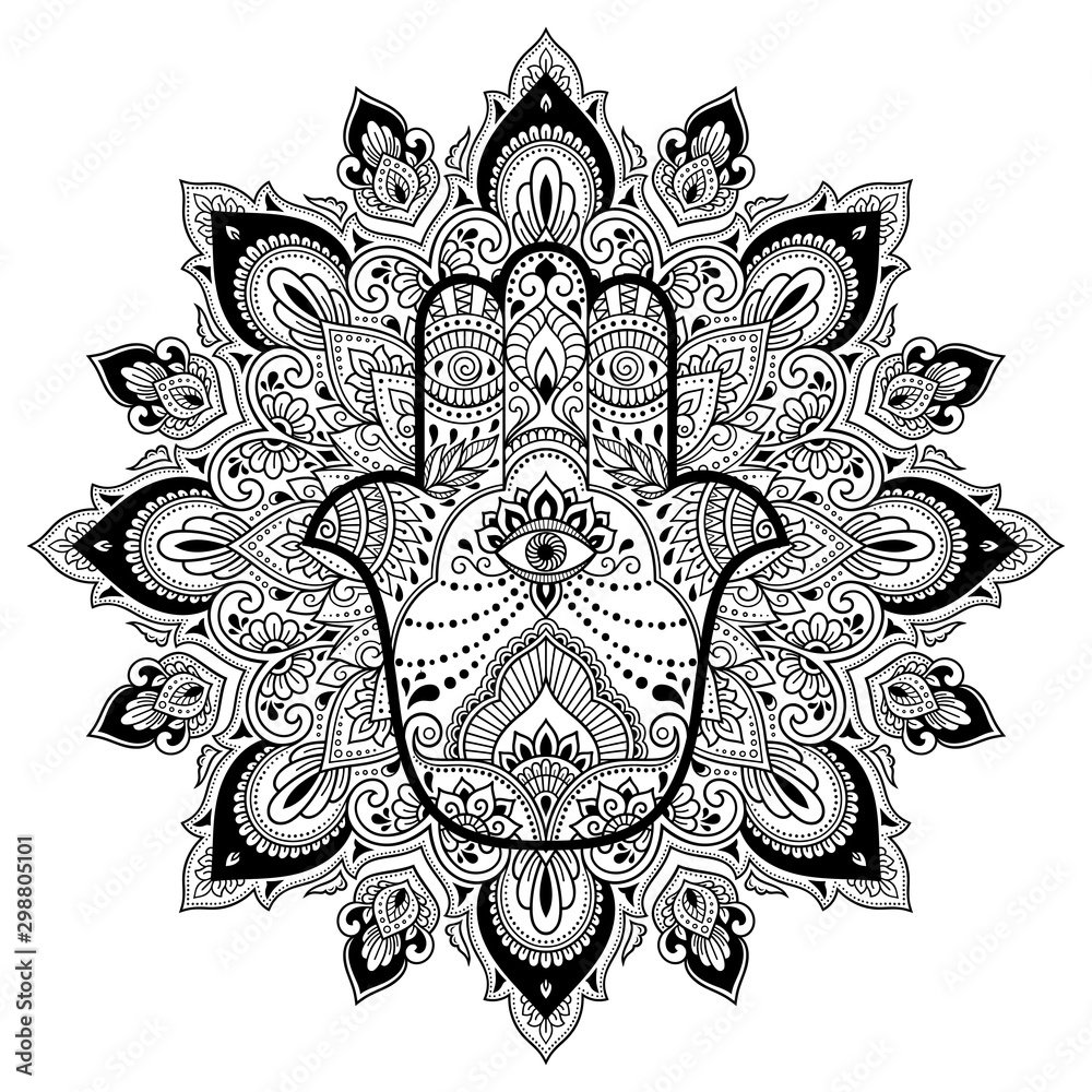 Circular pattern in form of mandala for Henna, Mehndi, tattoo, decoration. Decorative ornament in oriental style with Hamsa hand drawn symbol. Coloring book page. Circular pattern in form of mandala for Henna, Mehndi, tattoo, decoration. Decorative ornament in oriental style with Hamsa hand drawn symbol. Coloring book page.