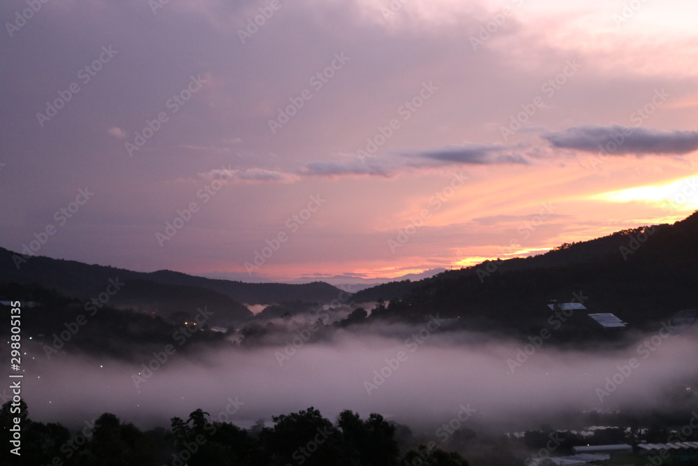 mountain fog and sun