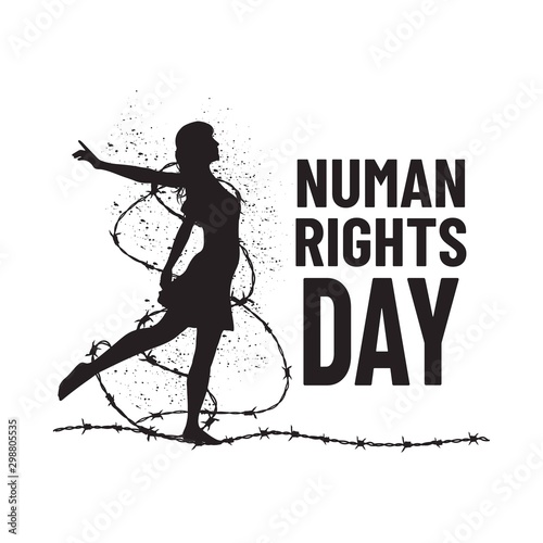 Human rights day. Girl silhouette with barbed wire