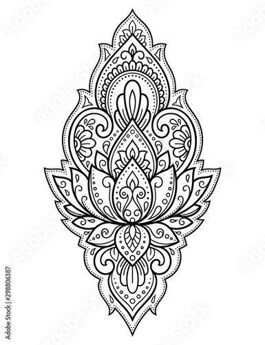 Lotus mehndi flower pattern for Henna drawing and tattoo. Decoration in oriental, Indian style. Doodle ornament. Outline hand draw vector illustration.