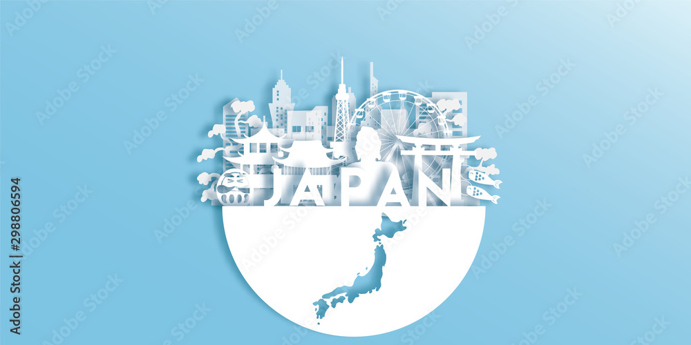 Obraz premium Japan Travel postcard panorama, poster, tour advertising of world famous landmarks of Japan in paper cut style.