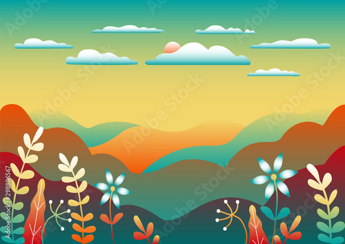 Countryside landscape. Beautiful nature with mountains, hills, field, trees and sky and sun. Cartoon illustration vector background flat style design. Trendy bright colors blue, yellow, red