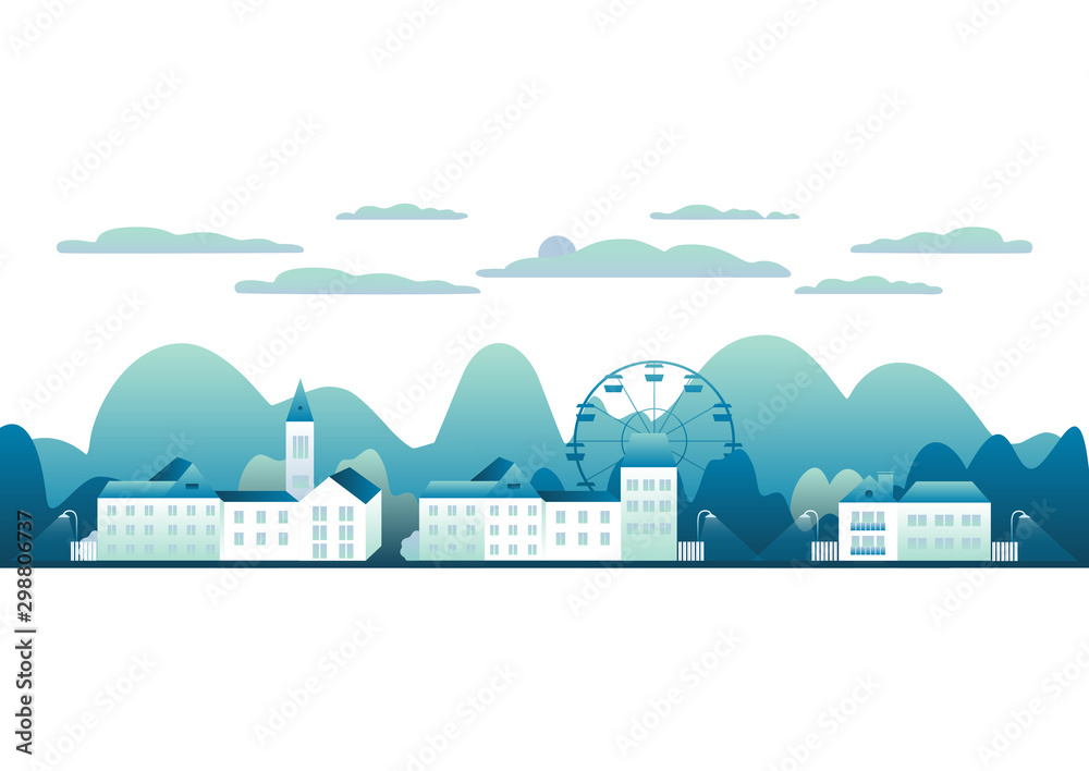 City landscape isolated in white background Beautiful outdoor panorama with houses, clock tower, ferris wheel. Mountains, hills, trees. Cartoon illustration flat style design vector Trendy blue color