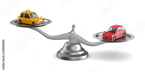 car and taxi on scales. Isolated 3D illustration