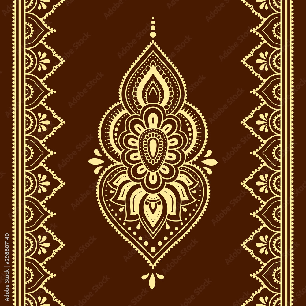 Seamless pattern of mehndi lotus flower and border for Henna drawing and tattoo. Decorative doodle ornament in ethnic oriental, Indian style. Outline hand draw vector illustration.