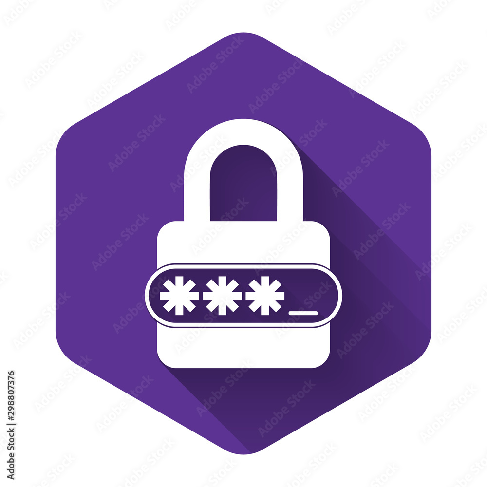 White Password protection and safety access icon isolated with long shadow. Lock icon. Security, safety, protection, privacy concept. Purple hexagon button. Vector Illustration White Password protection and safety access icon isolated with long shadow. Lock icon. Security, safety, protection, privacy concept. Purple hexagon button. Vector Illustration