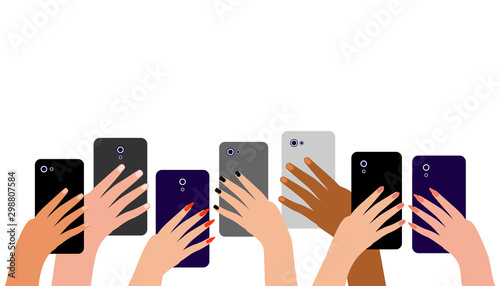 Hands of multicultural people with cell phones. Group of people men and women take photos, videos on smartphone. Record of an interesting, bright, shocking, memorable event, incident. Vector