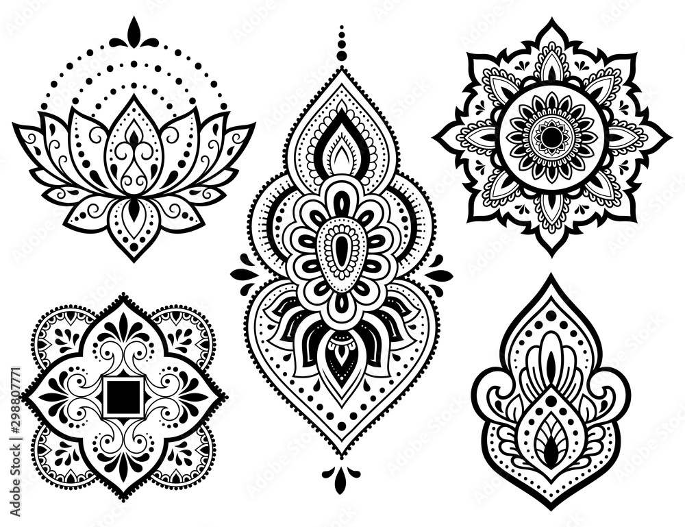 Big set of Mehndi flower pattern, lotus and mandala for Henna drawing and tattoo. Decoration in ethnic oriental, Indian style. Big set of Mehndi flower pattern, lotus and mandala for Henna drawing and tattoo. Decoration in ethnic oriental, Indian style.