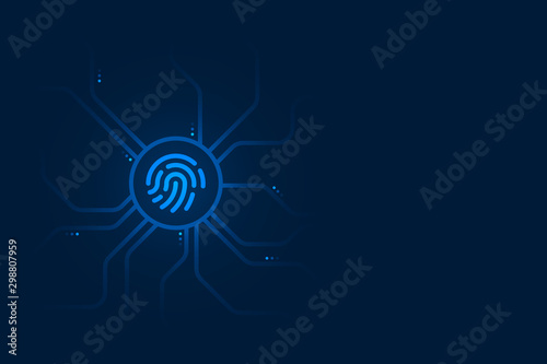 Cyber security data, blue fingerprint circuit on dark background, copy space composition.
