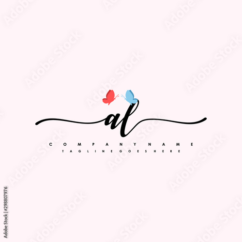 Initial AL with a butterfly on the handwriting Logo vector. Letter Logo Handwriting Template. two blue and ping butterflies
