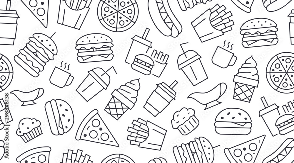 Fast food seamless pattern with vector line icons of hamburger, pizza, hot dog, beverage, cheeseburger. Restaurant menu background, tasty unhealthy lunch
