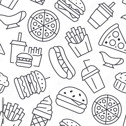 Fast food seamless pattern with vector line icons of hamburger, pizza, hot dog, beverage, cheeseburger. Restaurant menu background, tasty unhealthy lunch