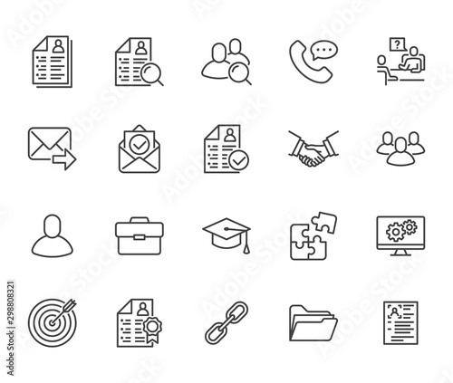Resume flat line icons set. Hr human resources, job application, interview employee profile, teamwork, work experience vector illustrations Portfolio outline signs Pixel perfect 64x64 Editable Stroke