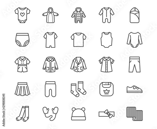 Baby clothes flat line icons set. Bodysuit  coverall  romper  buster suit  newborn nest  girl dress vector illustrations. Outline signs for children fashion store. Pixel perfect 64x64 Editable Stroke