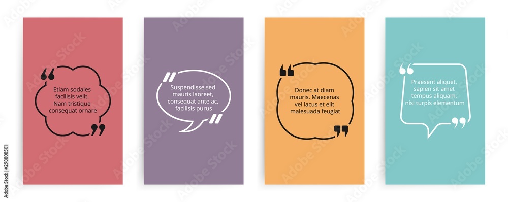 Quote text bubble with commas. Text brackets vector template. Cards speech bubbles for quotation, slogan, description. Bubble speech note, template quote comment illustration