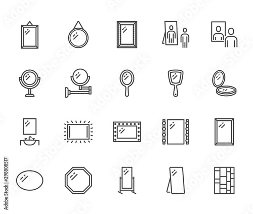 Mirror, reflection flat line icons set. Various mirrors - round, makeup, full length, bathroom interior vector illustrations. Outline signs for furniture store. Pixel perfect 64x64. Editable Strokes