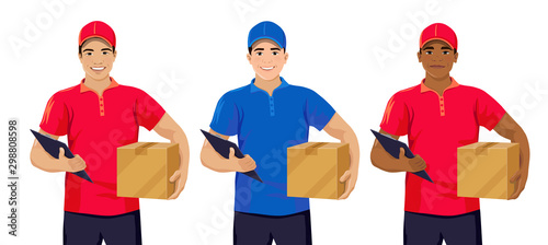 Set of young delivery men: Asian, European, African American. Smiling male courier wearing t-shirt and cap holding box and clipboard. Front view. Vector illustration isolated on white background.