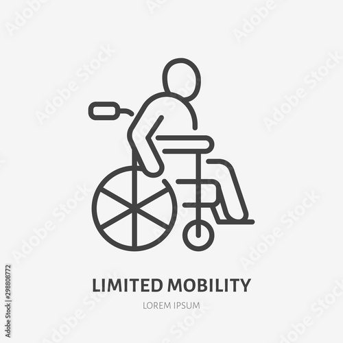 Wheelchair flat line icon. Disabled person in wheel chair vector illustration. Thin sign of limited mobility citizen