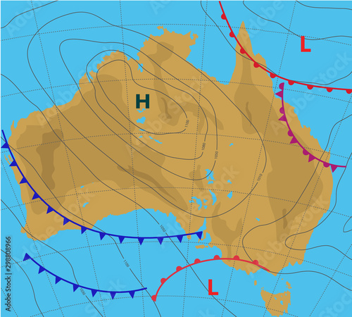 Australia map. Meteologic weather forecast on the map of Australia. Contour card background.