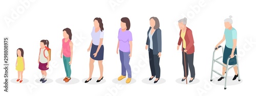 Woman generations. Isometric adult, vector female characters kids girl old woman human age evolution. Illustration woman generation growing from toddler to old