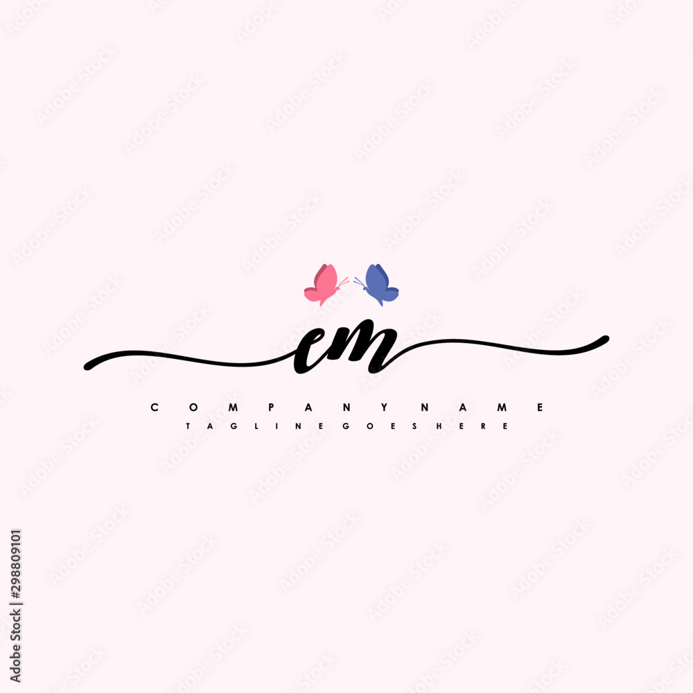 Initial EM with a butterfly on the handwriting Logo vector. Letter Logo Handwriting Template. two blue and ping butterflies Initial EM with a butterfly on the handwriting Logo vector. Letter Logo Handwriting Template. two blue and ping butterflies