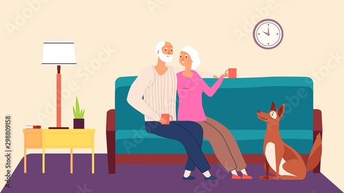 Elderly couple. Hygge family evening vector concept. Old man woman dog in living room. Illustration grandfather and grandmother with pet
