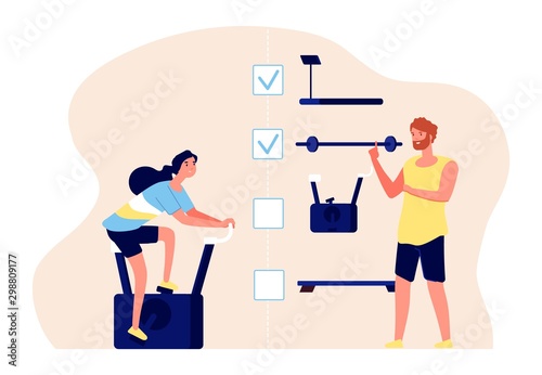 Personal training concept. Coach and athlete vector characters. Training plan, flat fitness illustration. Training personal fitness gym, exercise workout