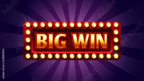 Big win banner. Winner frame, jackpot background. Red and gold congratulation frame with lights. Illustration casino jackpot, winner and prize billboard game