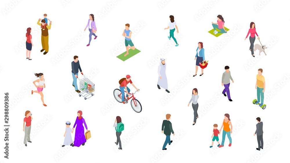 Different people. Isometric persons, kids, men, women. 3d vector active people walk, businessman, athletes isolated on white background. Woman and man walk, run and ride illustration