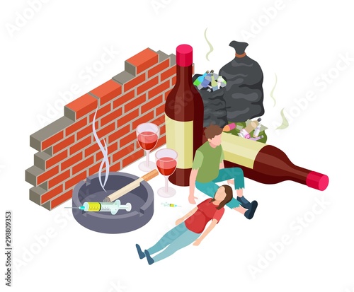 Bad habits. Isometric addictions concept. Vector people with addiction. Alcohol, drugs, nicotine. Homeless people with bad habits. Smoking toxic, narcotic health and drink harmful illustration