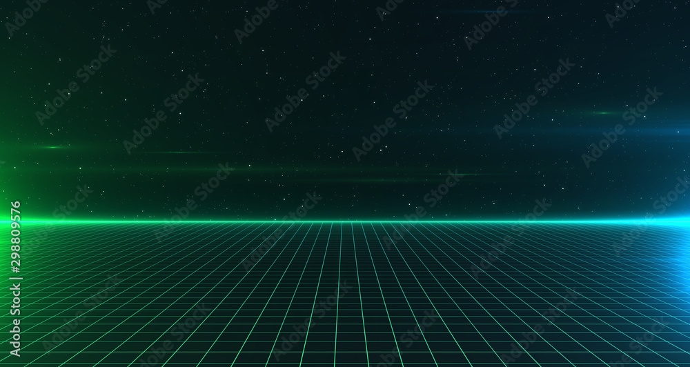 Retro Sci-Fi Background Futuristic Grid landscape of the 80`s. Digital Cyber Surface. Suitable for design in the style of the 1980`s. 3D illustration