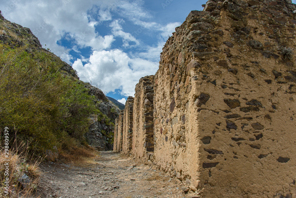 The ruins of the giant buildings near the town of Ollantaytambo (Peru)