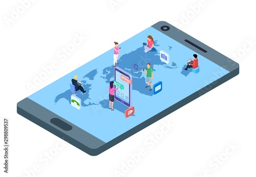 Social media concept. Isometric people with phones, laptop on world map. Worldwide communication vector illustration. World communication network, connection community use internet