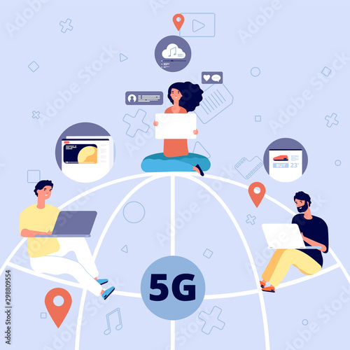 5g. People on globe with devices with 5g mobile internet, speed broadcasting and wireless network. Digital web controls vector concept. Internet 5g technology, network globe connection illustration