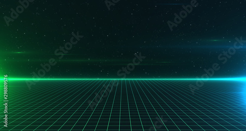 Retro Sci-Fi Background Futuristic Grid landscape of the 80`s. Digital Cyber Surface. Suitable for design in the style of the 1980`s. 3D illustration