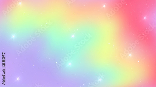 Holographic fairy Magic background with rainbow mesh. Kawaii universe banner in princess colors. Fantasy gradient backdrop with hologram