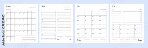 Planner templates. Year, weekly and day planning tabs for notebook pages. Business book diary, office organizer plans vector set. Illustration planner year and date, day plan calendar